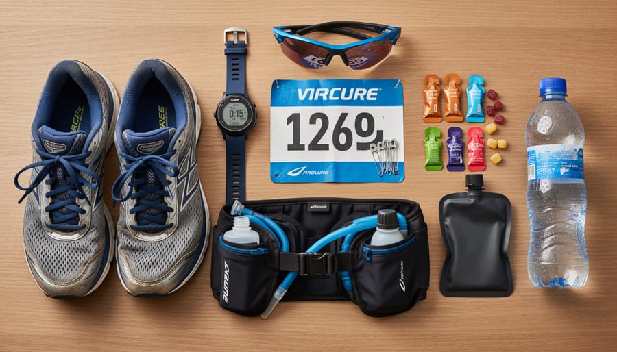 Running shoes placed beside a water bottle and energy gels on a bench, ready for race day.