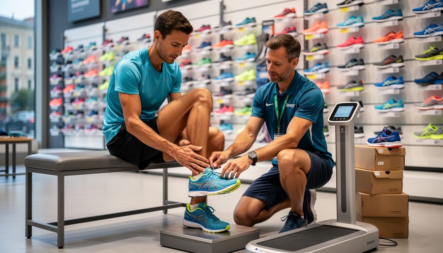 Runner’s foot being measured during a running shoe fitting in a sports store