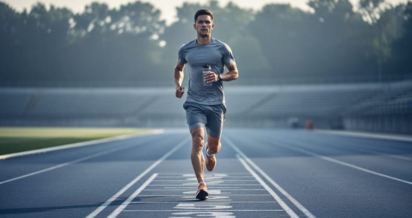 Marathon runner training on a track in soft morning light, conveying steady endurance progress over a six-month plan.