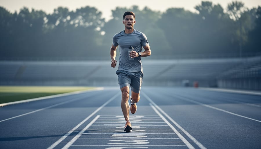 Marathon runner training on a track in soft morning light, conveying steady endurance progress over a six-month plan.
