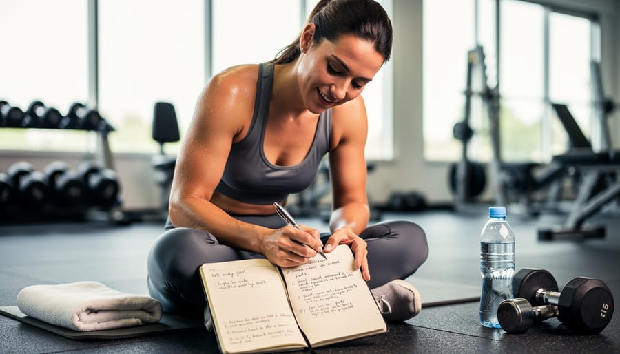 Beginner writing exercise goals in a notebook with running shoes nearby