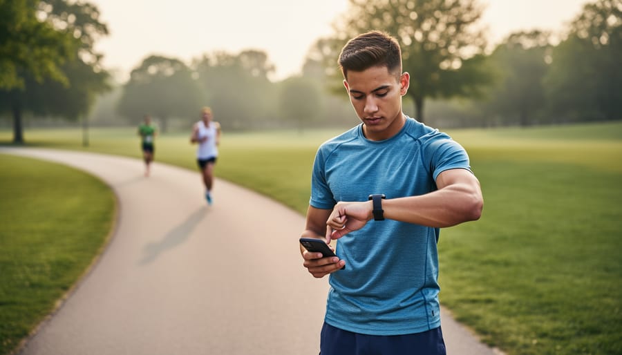 Beginner athlete holding a stopwatch near a running track