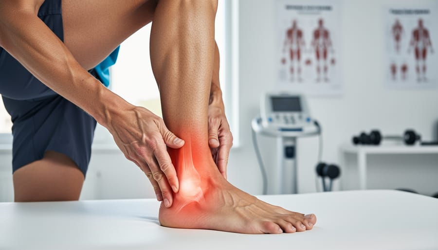 Physical therapist examining a runner’s heel and lower calf during a clinical assessment