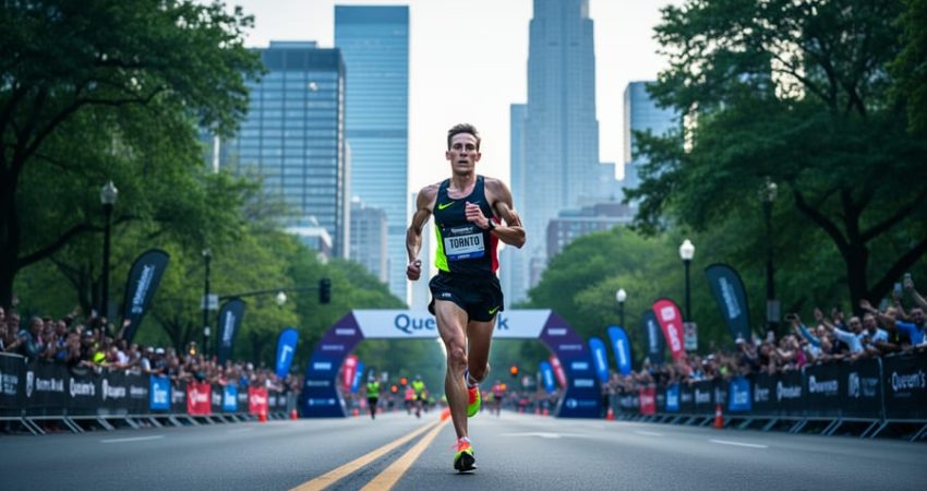 A runner mid-stride on a scenic Toronto marathon route with a blurred skyline and greenery in the background, suggesting a downhill path toward the finish area.