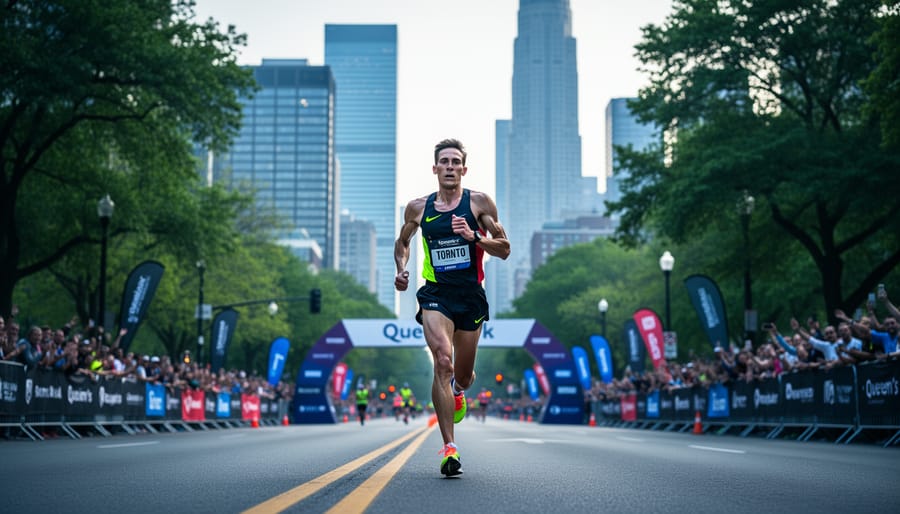 A runner mid-stride on a scenic Toronto marathon route with a blurred skyline and greenery in the background, suggesting a downhill path toward the finish area.