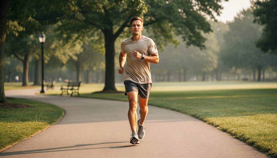Beginner runner using a walk-run approach on a park path with relaxed posture