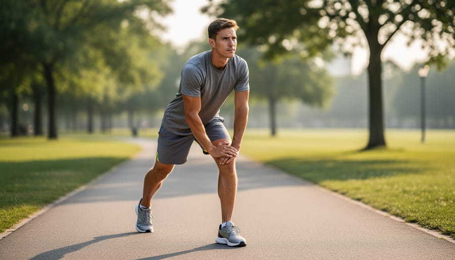 Beginner doing a warm-up stretch beside a trail