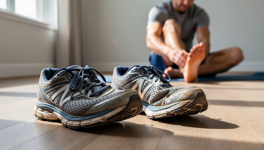 Worn running shoes with visible heel and forefoot wear next to a runner